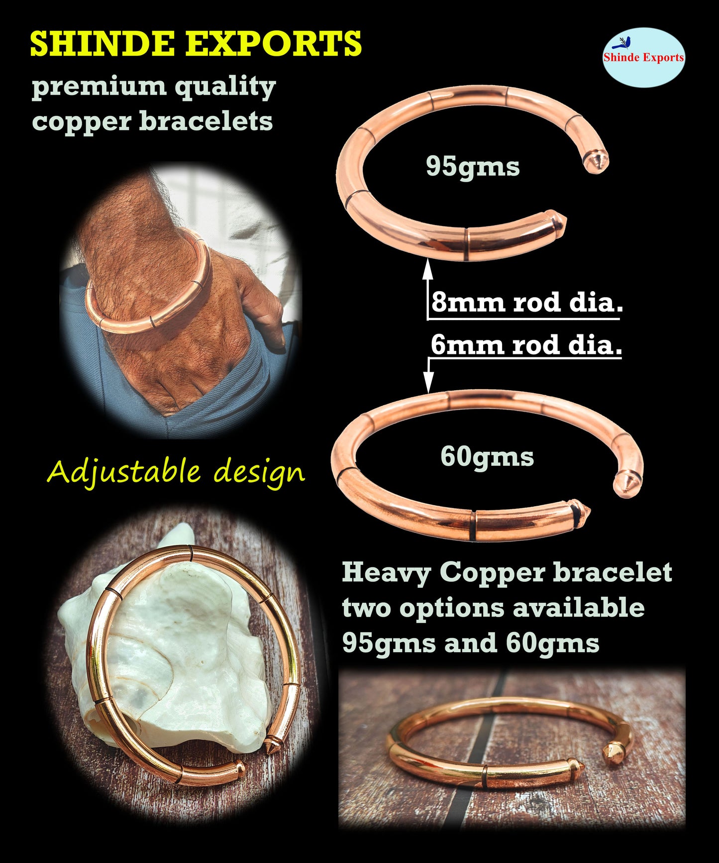SHINDE EXPORTS Heavy Pure Copper thick Bracelet Bangle Unisex Kada Solid Handmade Cuff 80gms for Men & Women