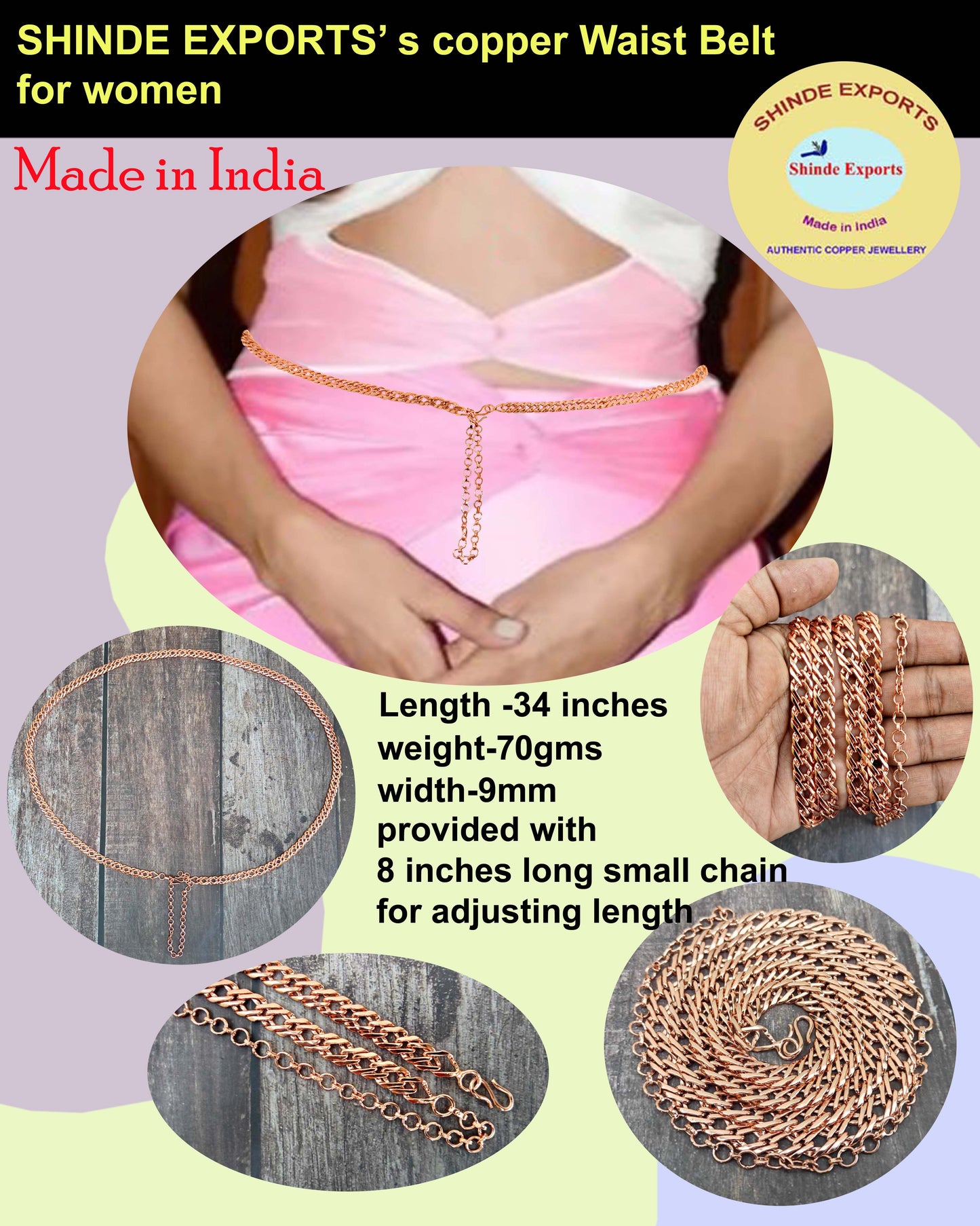 SHINDE EXPORTS traditional copper chain vaddanam waist belt kamar jewellery kamarband for women wedding saree kamarbandh kamarpatta