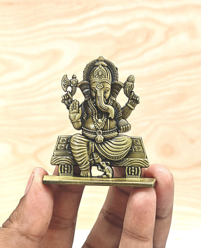 SHINDE EXPORTS small brass metal lord ganesha ganpati idol murthy for car dashboard home office table murti statue