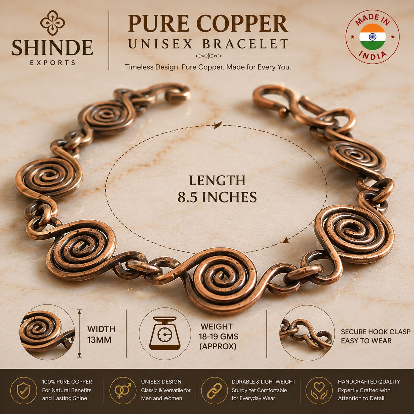 SHINDE EXPORTS Pure Copper Bracelet for Men & Women – Antique Finish Handmade Link Chain Bracelet, Adjustable 8.5 Inch Unisex Copper Jewelry, Made in India