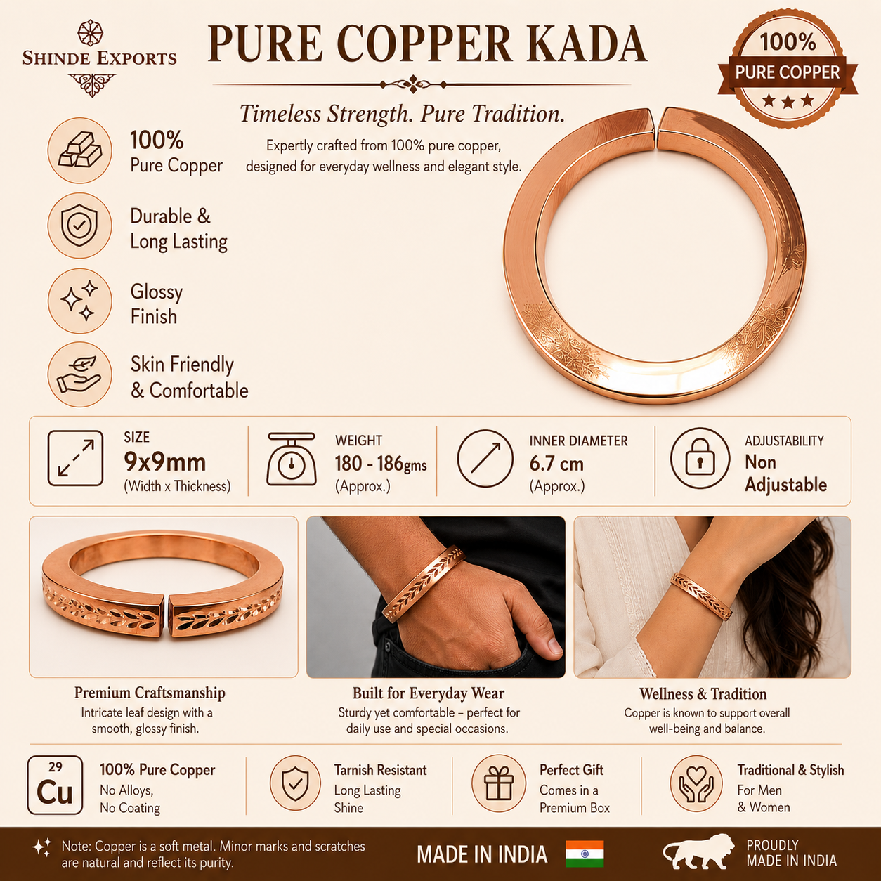 shinde exports heavy pure copper bracelet cuff kada bangle for women men