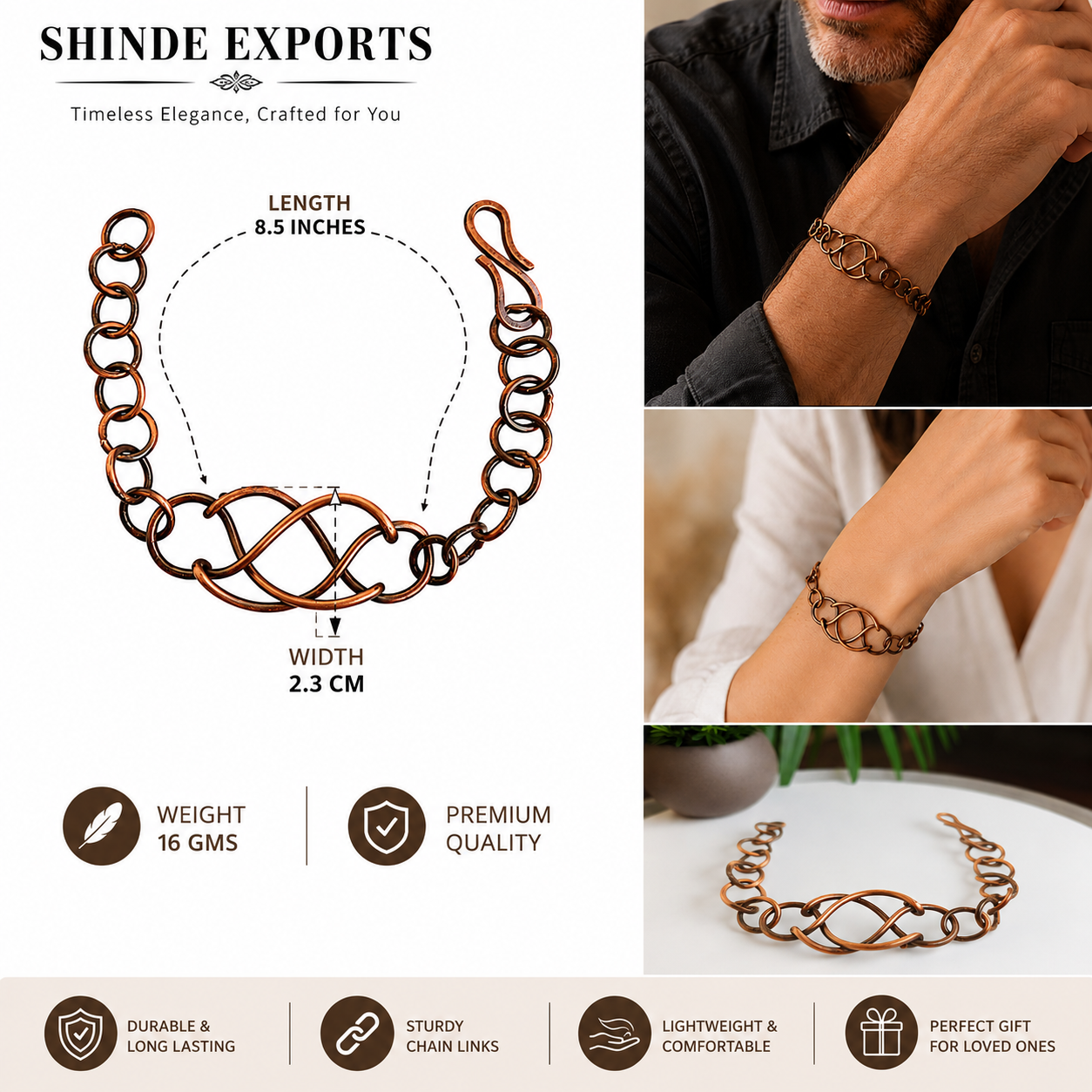 SHINDE EXPORTS Pure Copper Bracelet for Men & Women – Antique Finish Handmade Link Chain Bracelet, Adjustable 8.5 Inch Unisex Copper Jewelry, Made in India
