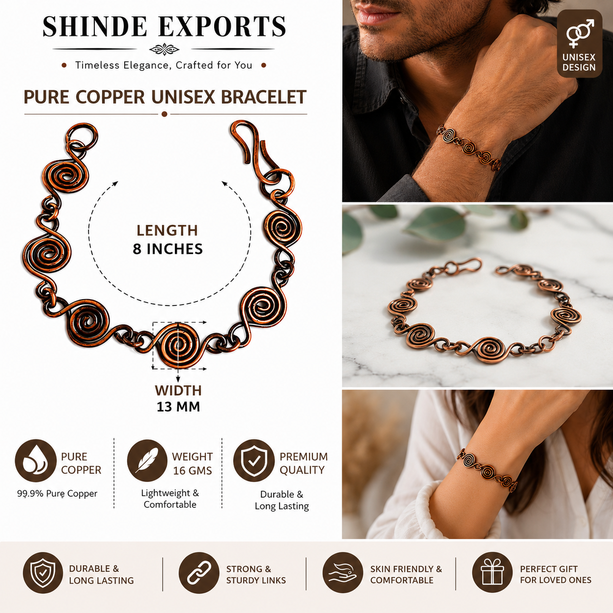SHINDE EXPORTS Pure Copper Bracelet for Men & Women – Antique Finish Handmade Link Chain Bracelet, Adjustable 8.5 Inch Unisex Copper Jewelry, Made in India