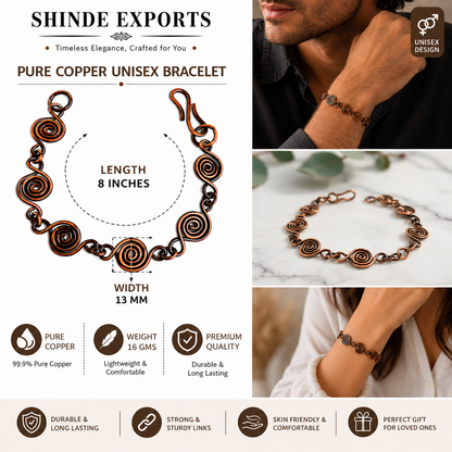 SHINDE EXPORTS Pure Copper Bracelet for Men & Women – Antique Finish Handmade Link Chain Bracelet, Adjustable 8.5 Inch Unisex Copper Jewelry, Made in India