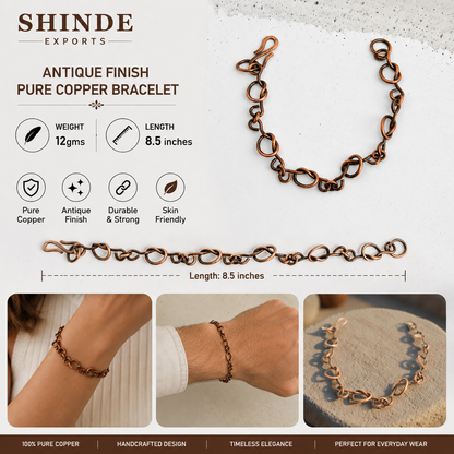 SHINDE EXPORTS Pure Copper Bracelet for Men & Women – Antique Finish Handmade Link Chain Bracelet, Adjustable 8.5 Inch Unisex Copper Jewelry, Made in India