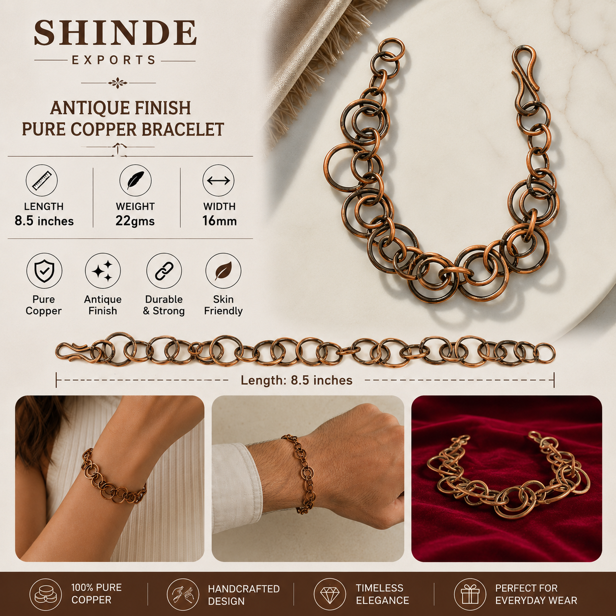 SHINDE EXPORTS Pure Copper Bracelet for Men & Women – Antique Finish Handmade Link Chain Bracelet, Adjustable 8.5 Inch Unisex Copper Jewelry, Made in India