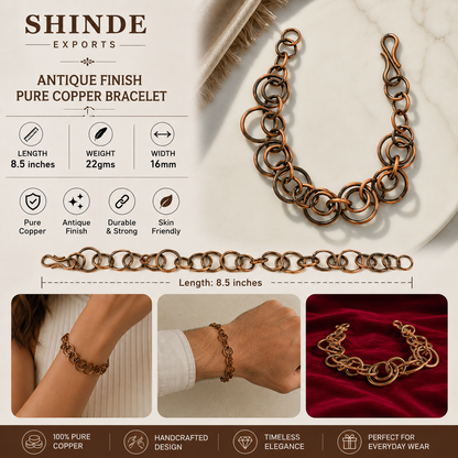 SHINDE EXPORTS Pure Copper Bracelet for Men & Women – Antique Finish Handmade Link Chain Bracelet, Adjustable 8.5 Inch Unisex Copper Jewelry, Made in India