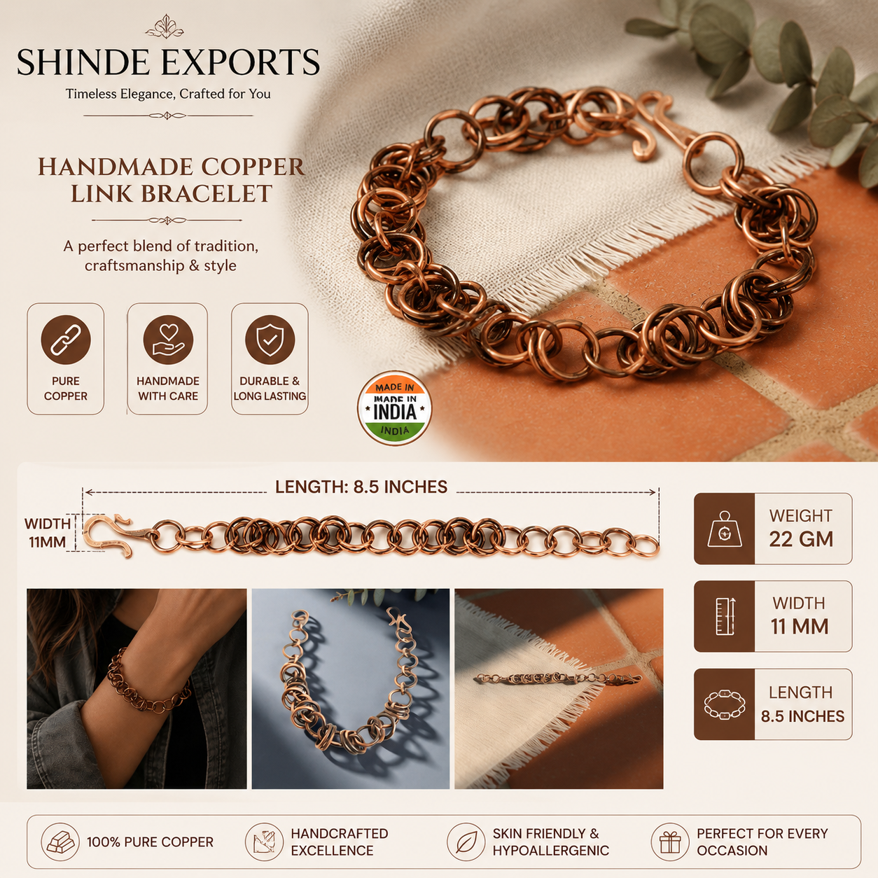 SHINDE EXPORTS Pure Copper Bracelet for Men & Women – Antique Finish Handmade Link Chain Bracelet, Adjustable 8.5 Inch Unisex Copper Jewelry, Made in India