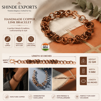 SHINDE EXPORTS Pure Copper Bracelet for Men & Women – Antique Finish Handmade Link Chain Bracelet, Adjustable 8.5 Inch Unisex Copper Jewelry, Made in India