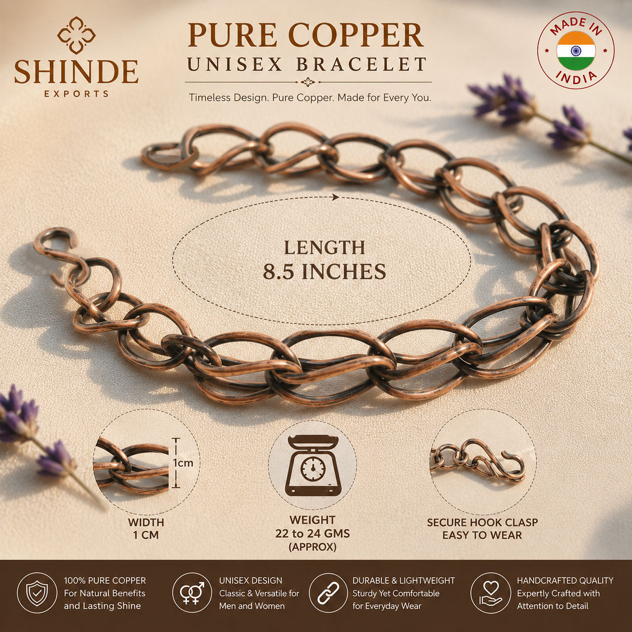 SHINDE EXPORTS Pure Copper Bracelet for Men & Women – Antique Finish Handmade Link Chain Bracelet, Adjustable 8.5 Inch Unisex Copper Jewelry, Made in India