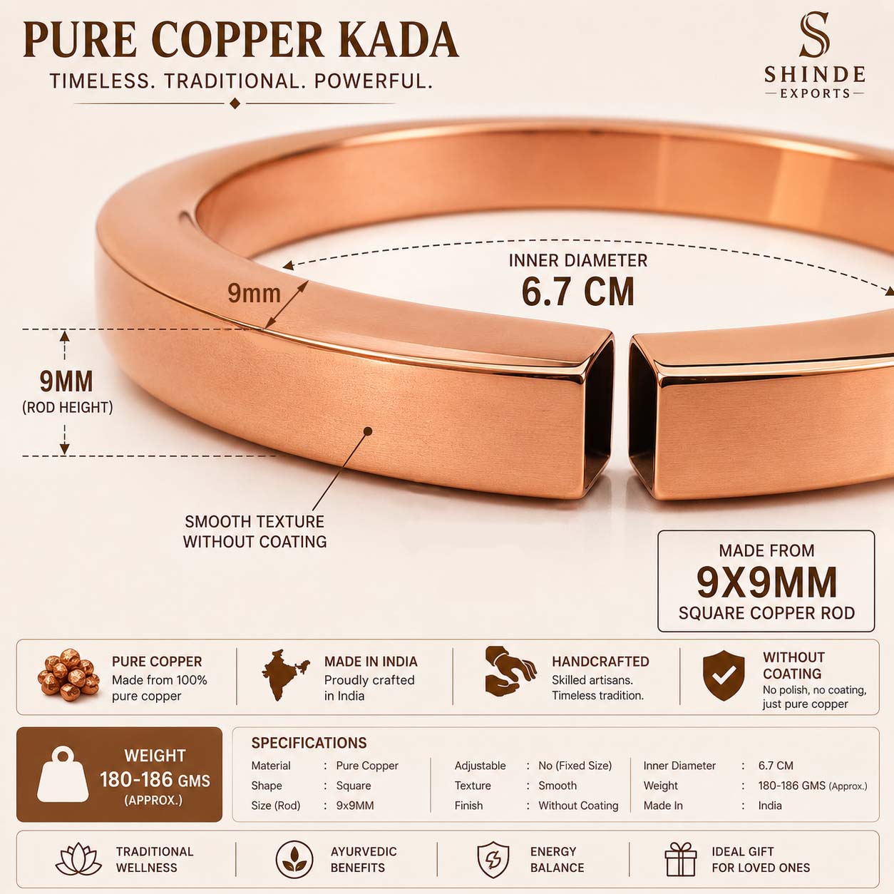 shinde exports heavy pure copper bracelet cuff kada bangle for women men