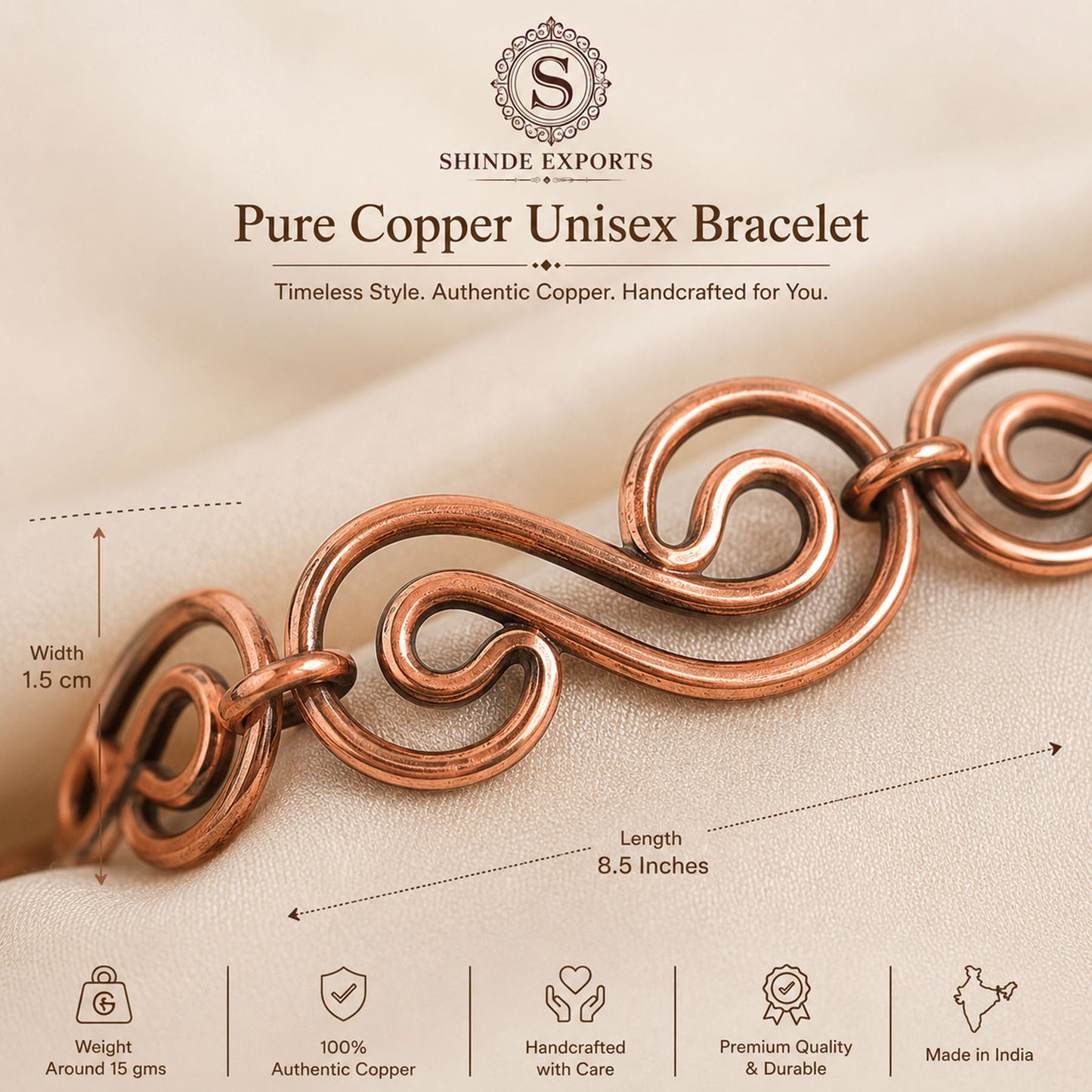 SHINDE EXPORTS Pure Copper Bracelet for Men & Women – Antique Finish Handmade Link Chain Bracelet, Adjustable 8.5 Inch Unisex Copper Jewelry, Made in India