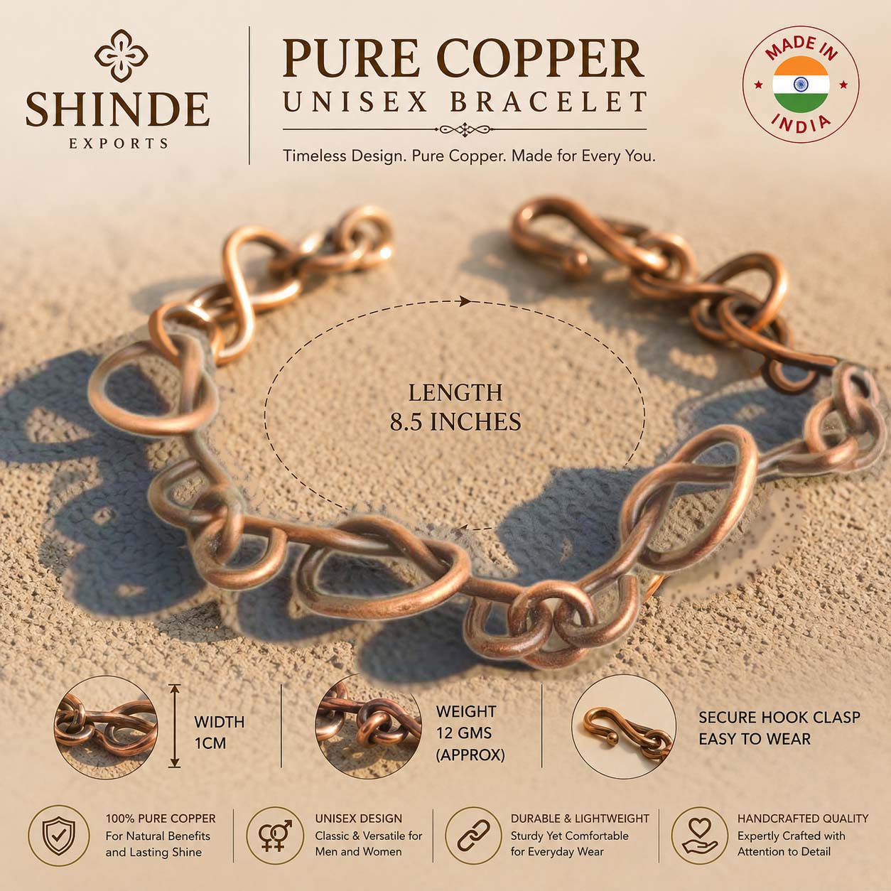 SHINDE EXPORTS Pure Copper Bracelet for Men & Women – Antique Finish Handmade Link Chain Bracelet, Adjustable 8.5 Inch Unisex Copper Jewelry, Made in India