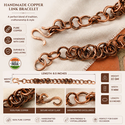 SHINDE EXPORTS Pure Copper Bracelet for Men & Women – Antique Finish Handmade Link Chain Bracelet, Adjustable 8.5 Inch Unisex Copper Jewelry, Made in India