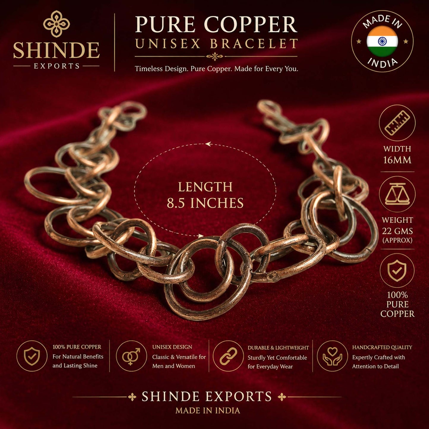SHINDE EXPORTS Pure Copper Bracelet for Men & Women – Antique Finish Handmade Link Chain Bracelet, Adjustable 8.5 Inch Unisex Copper Jewelry, Made in India
