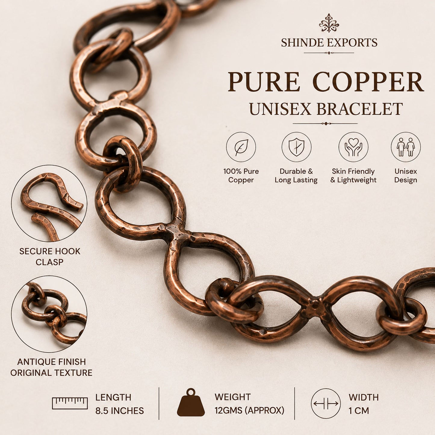 SHINDE EXPORTS Pure Copper Bracelet for Men & Women – Antique Finish Handmade Link Chain Bracelet, Adjustable 8.5 Inch Unisex Copper Jewelry, Made in India