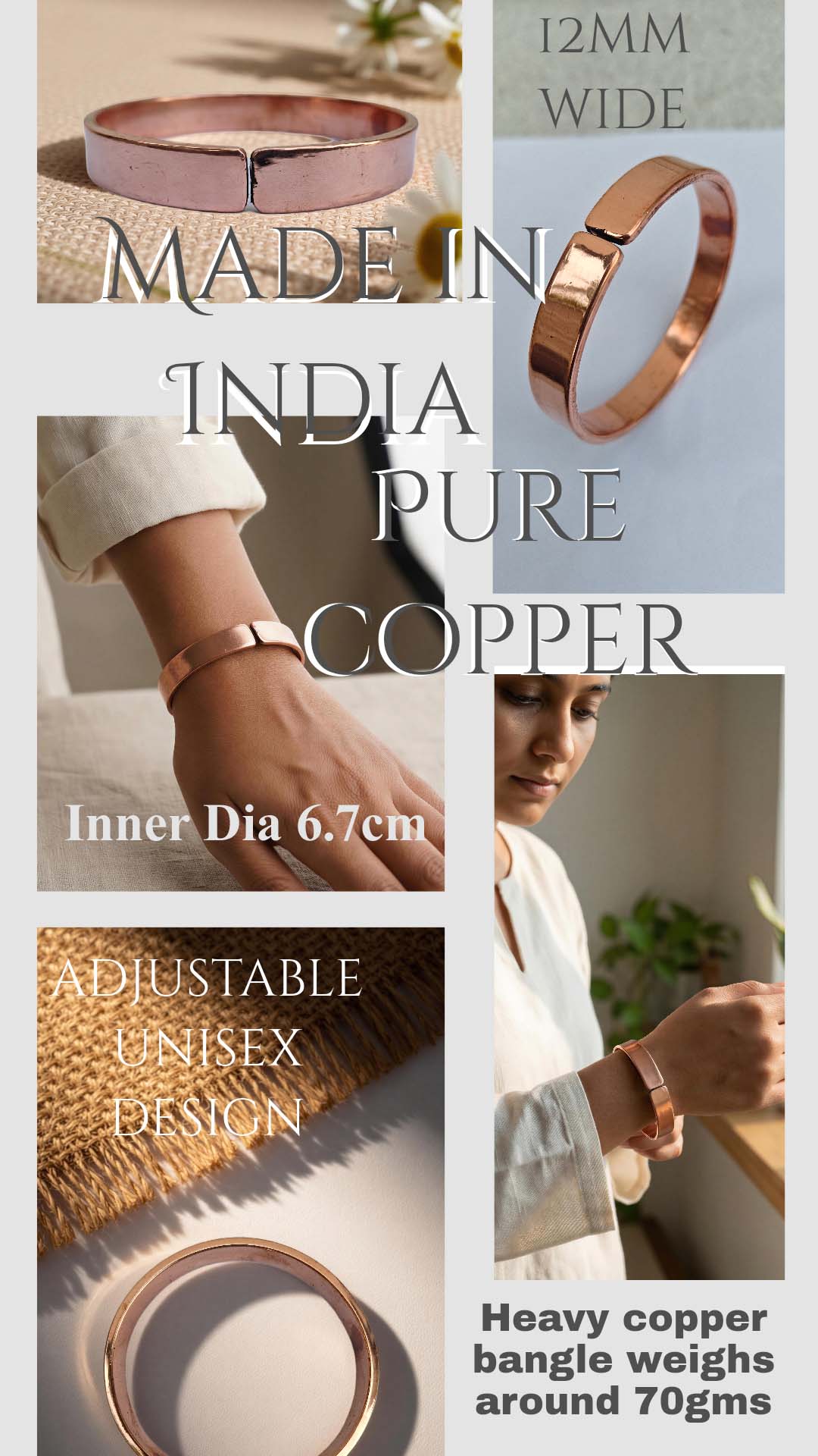 SHINDE EXPORTS handcrafted pure copper bangle bracelets for women men kada 12mm wide cuff 70gms