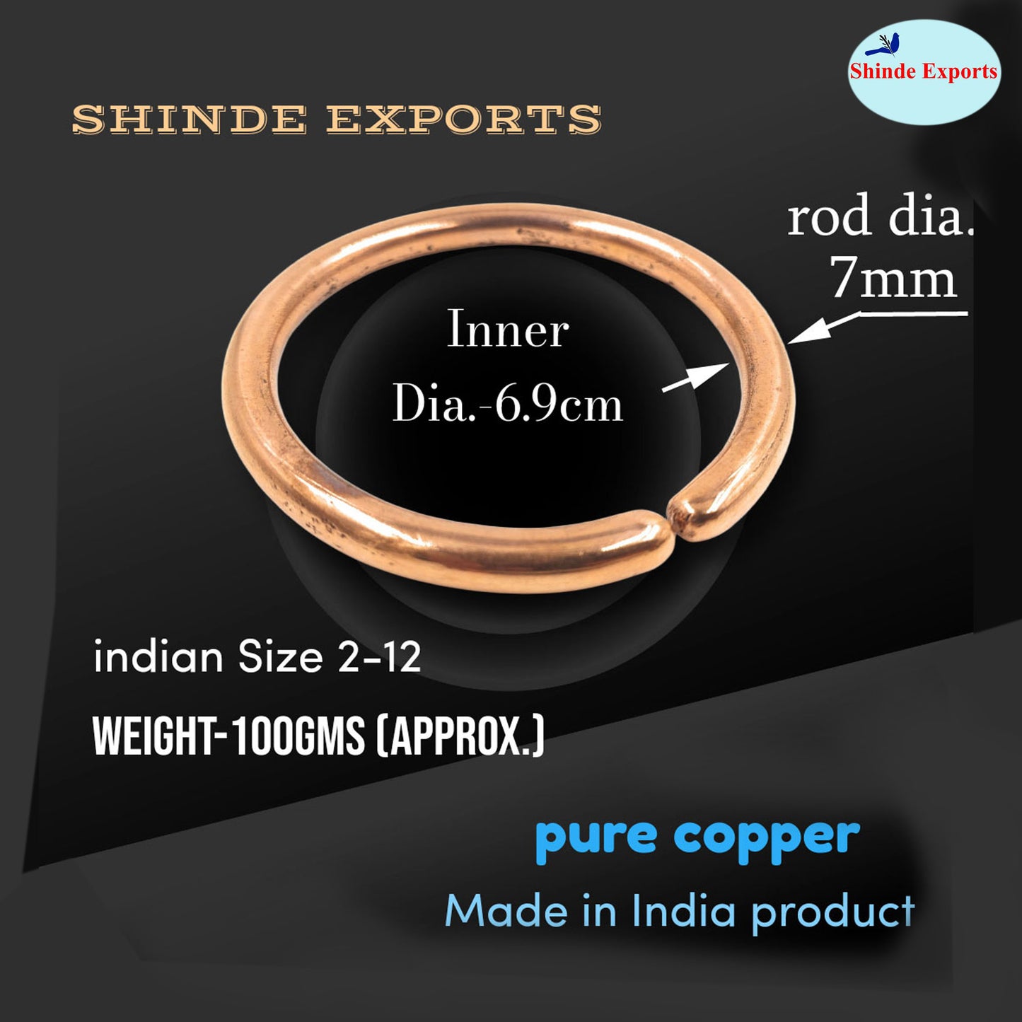 SHINDE EXPORTS Heavy Pure Copper thick Bracelet Bangle Unisex Kada Solid Handmade Cuff for Men & Women (100gms 2-12)