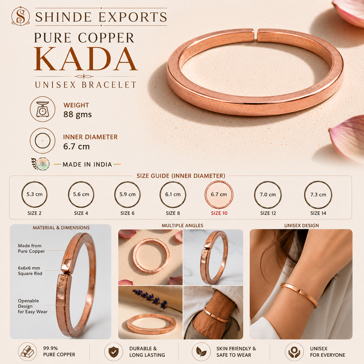 shinde exports heavy pure copper bracelet cuff kada bangle for women men