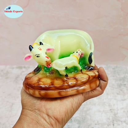 SHINDE EXPORTS cow with calf kamdhenu marble idol white statue for vastu pooja home décor