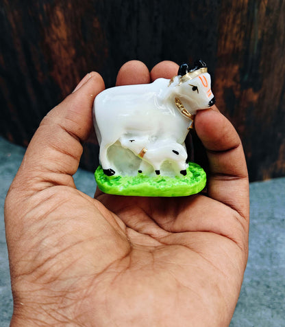 SHINDE EXPORTS cow with calf kamdhenu marble idol white statue for vastu pooja home décor