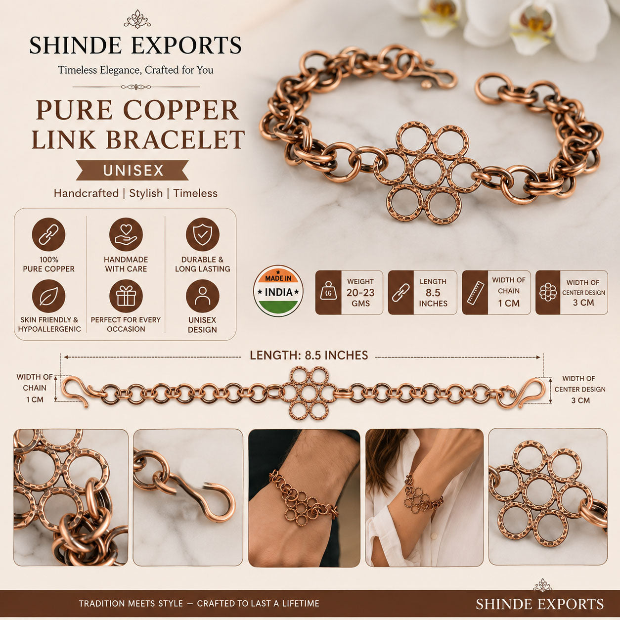 SHINDE EXPORTS Pure Copper Bracelet for Men & Women – Antique Finish Handmade Link Chain Bracelet, Adjustable 8.5 Inch Unisex Copper Jewelry, Made in India