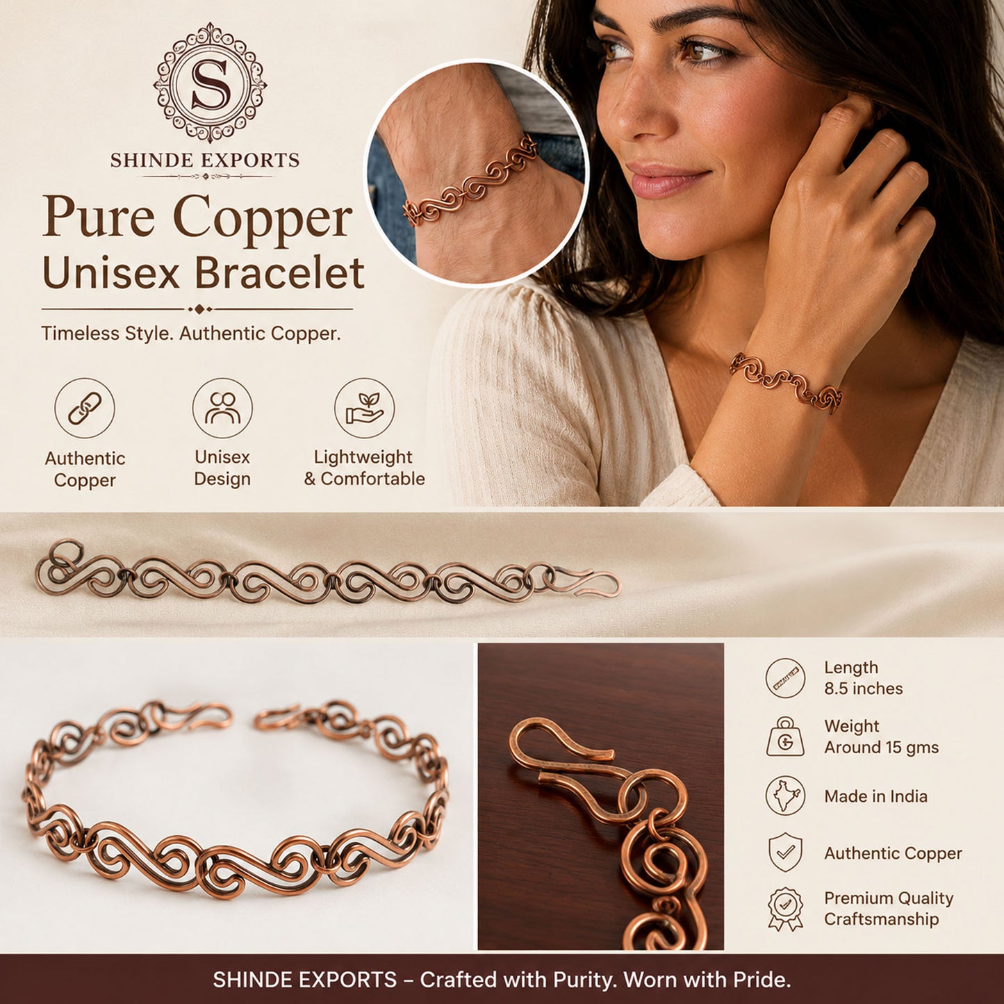 SHINDE EXPORTS Pure Copper Bracelet for Men & Women – Antique Finish Handmade Link Chain Bracelet, Adjustable 8.5 Inch Unisex Copper Jewelry, Made in India