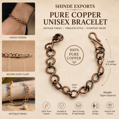 SHINDE EXPORTS Pure Copper Bracelet for Men & Women – Antique Finish Handmade Link Chain Bracelet, Adjustable 8.5 Inch Unisex Copper Jewelry, Made in India
