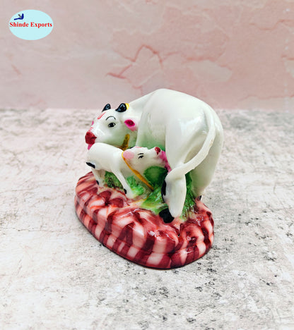 SHINDE EXPORTS cow with calf kamdhenu marble idol white statue for vastu pooja home décor