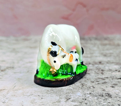 SHINDE EXPORTS cow with calf kamdhenu marble idol white statue for vastu pooja home décor
